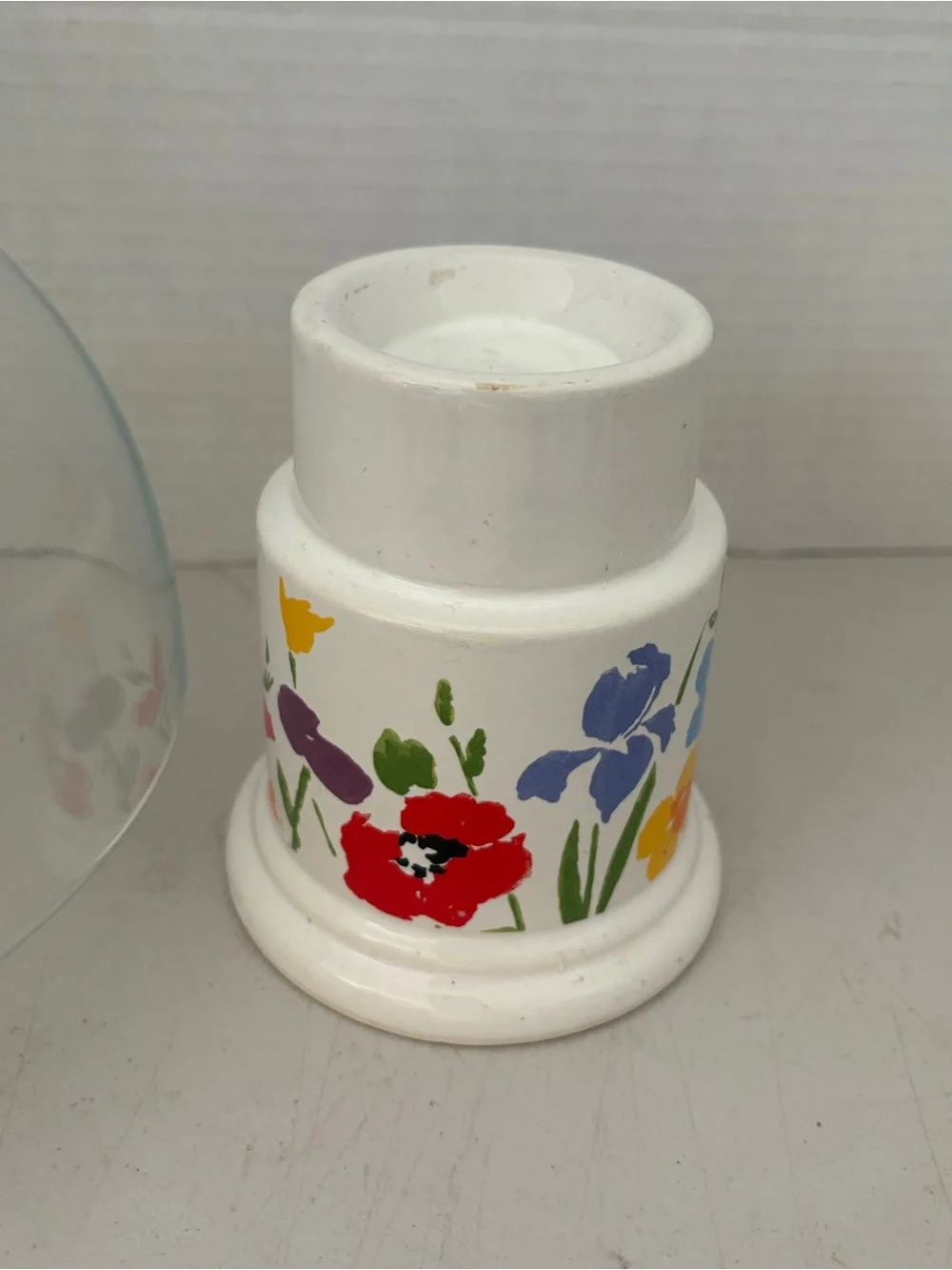 Hand-Painted Floral Ceramic Lantern with Clear Glass Shade - White